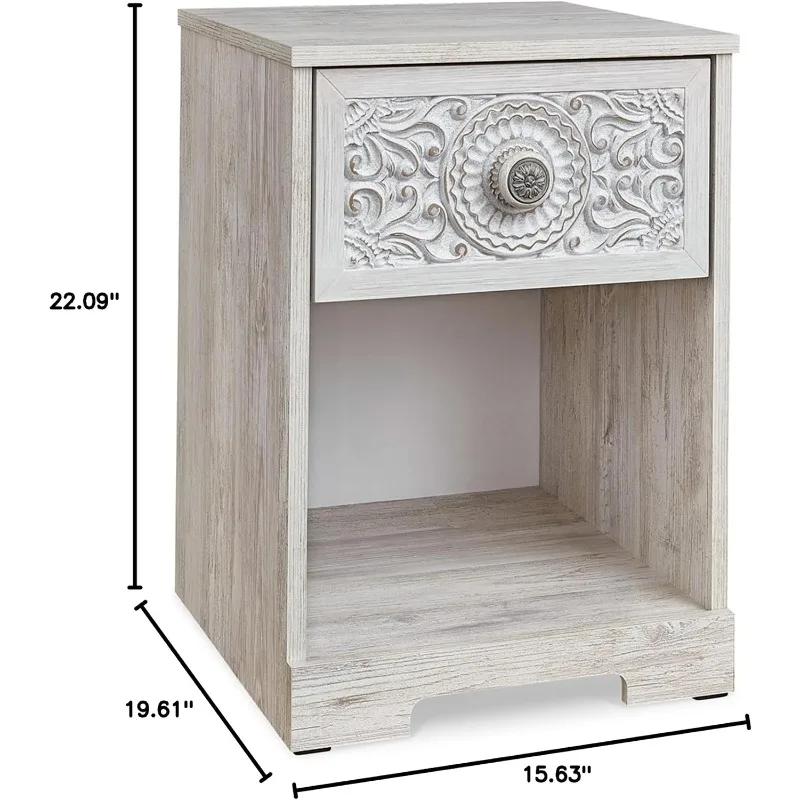 1 Drawer Nightstand with Open Cubby, Faux Veneer and Engineered Wood,Brushed Nickel-Tone Finish,19.61