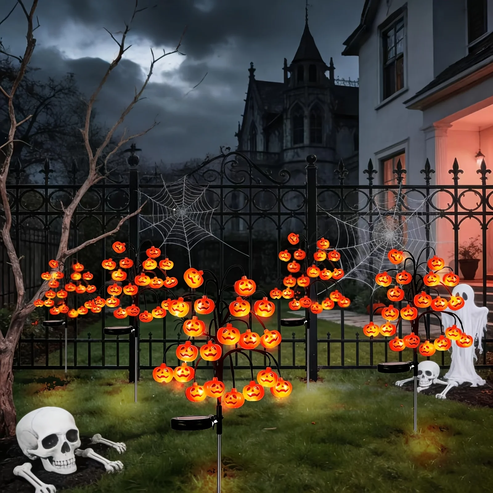 Solar Pumpkin Tree Stake Lights, Spooky Jack-O-Lantern LED Lamp, Waterproof Outdoor Decor For Halloween Yard Garden Party