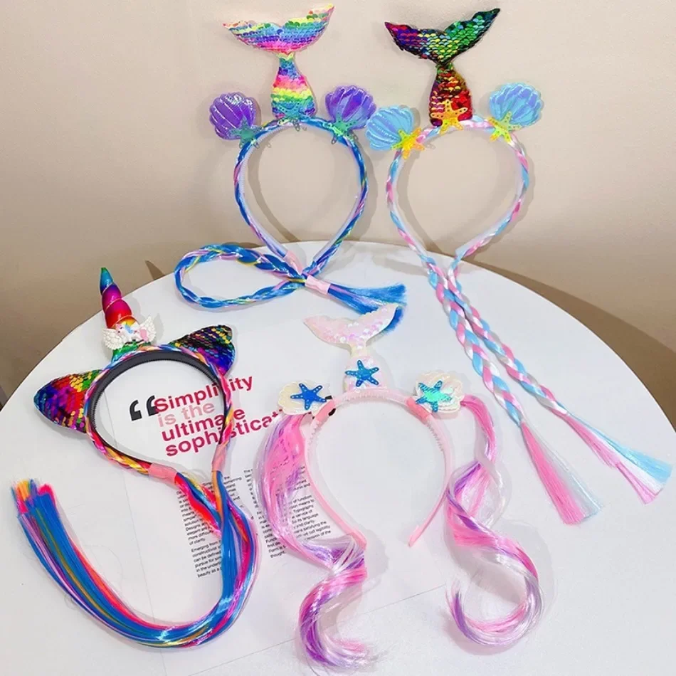 Children Mermaid Hairband Baby Rainbow Unicorn Wig Braid Headband Girl Cartoon Baby Margarine Hairband Girl Birthday Gift view 3