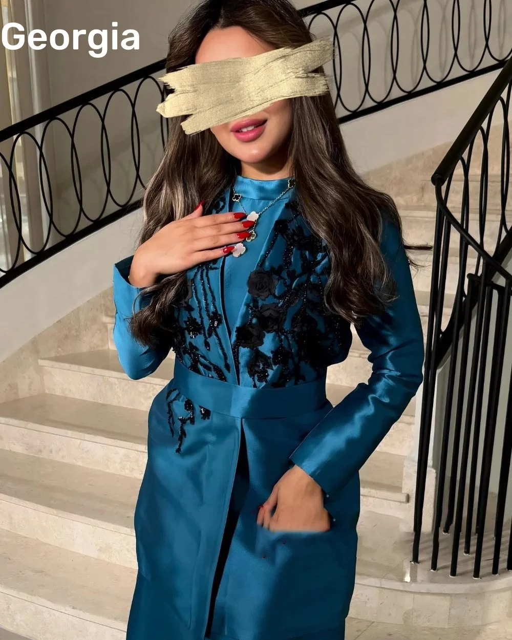 Abiti di lusso personalizzati Abiti da sera con scollo rotondo Colonna Abiti da ballo alla caviglia Fiori Cerniera Maniche lunghe Festa elegante