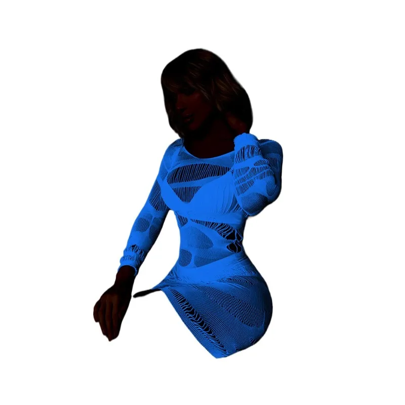 Синее свечение в темноте, нижнее белье больших размеров, облегающее платье с длинными рукавами, светящийся сетчатый наряд, женское сексуальное эротическое прозрачное платье на шнуровке