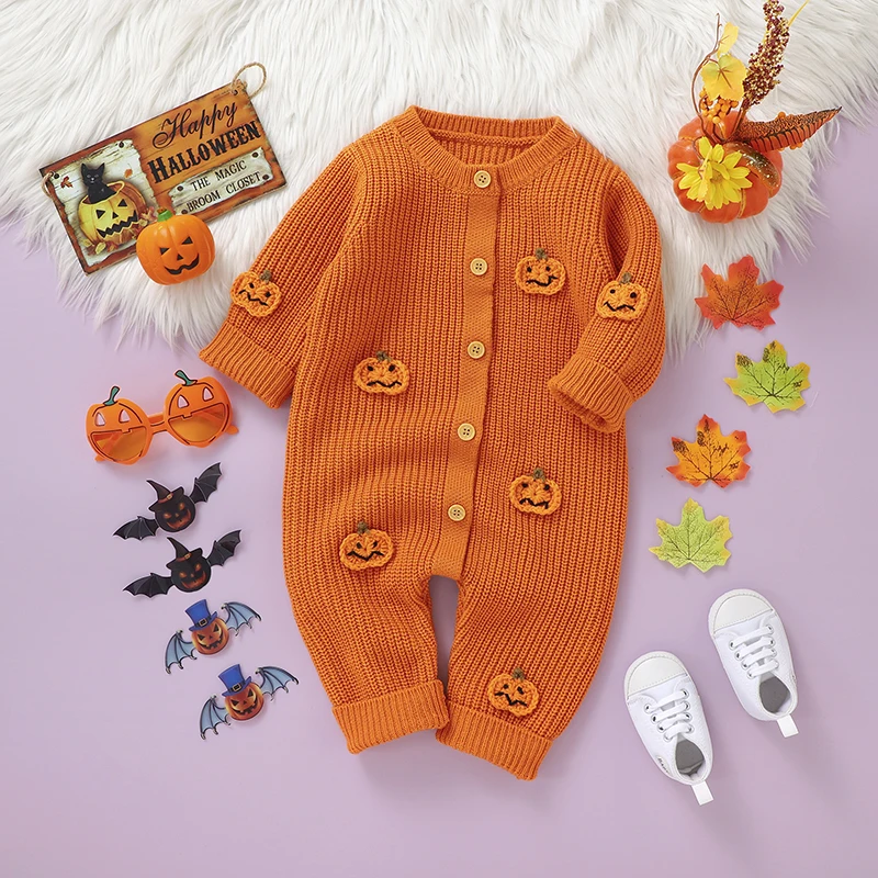 Halloween Baby Rompers Knit Newborn Girl Boy Jumpsuit Long Sleeve Infant Kid Clothes 0-18M Funny Pumpkin Solid Overalls Playsuit
