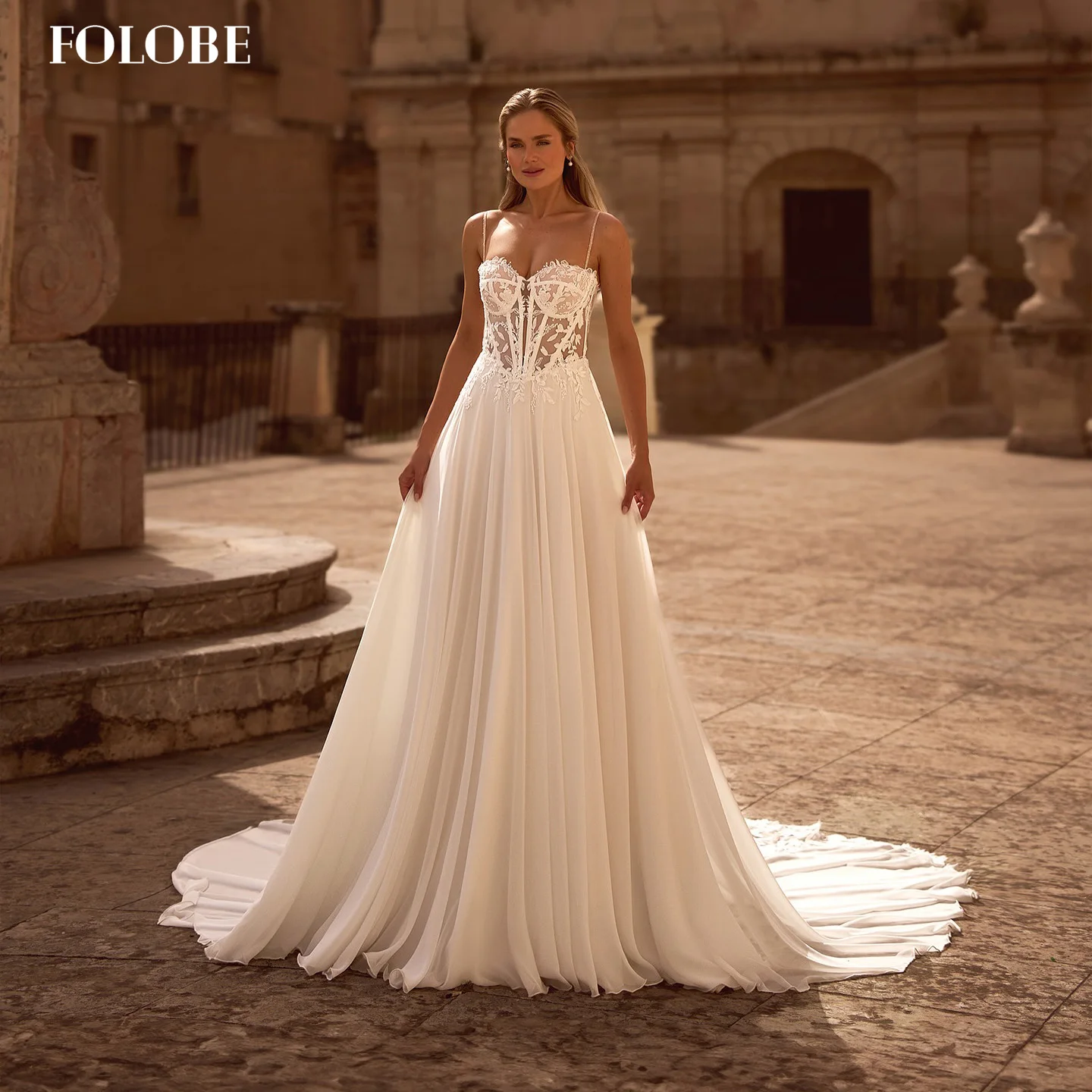 FOLOBE السباغيتي حزام ألف خط فستان الزفاف رائعة زين Ballgown سويب تراين فستان زفاف vestidos de noche مخصص