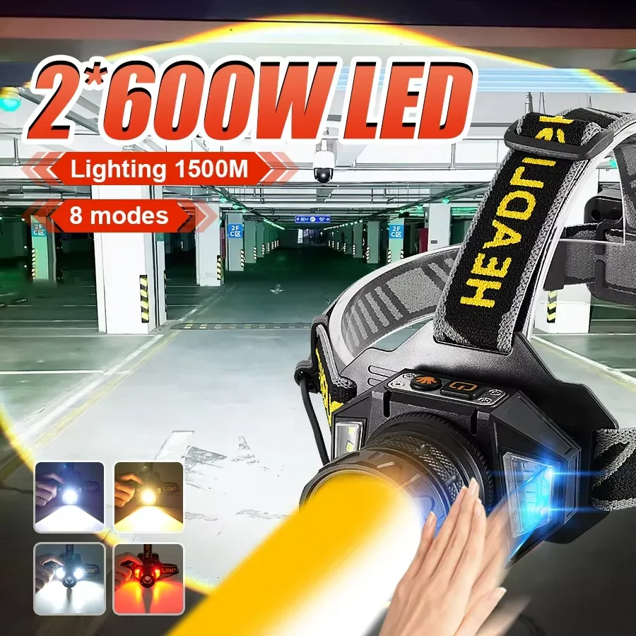 Super Bright Headlamp Most Powerful Long Range Head Flashlight Sensor High Power Headlight With Yellow Light Fishing Head Torch