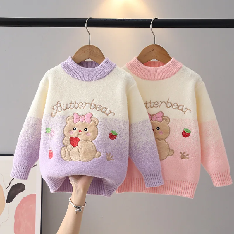 Gradient Color Girl's Sweaters Adorable Cartoon Bear Fruit Pattern Children Knit Pullover Embroidery Letter Kids Tops JY09192