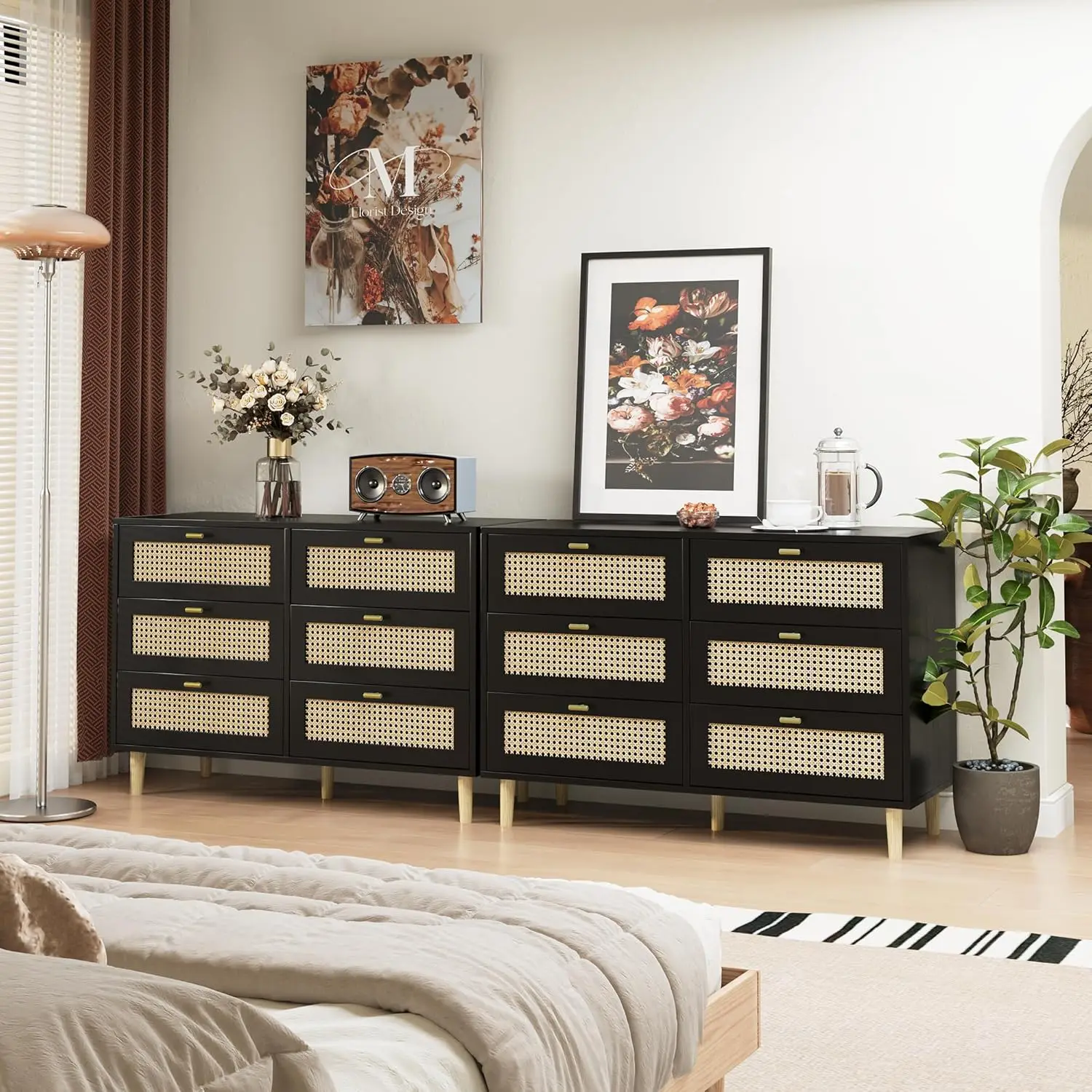 Black Rattan Dresser, 6 Drawer Mid  Modern Dressers For Bedroom, Black Boho Dresser Natural Wood Dresser On Clearance