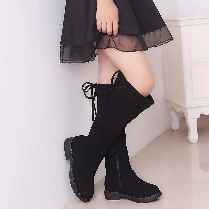 Kids Fall Winter Fashion Snow Boots Girl High Top Cotton Boots Solid Color Girls Princess Over Knee Drawstring Side Zipper Boots