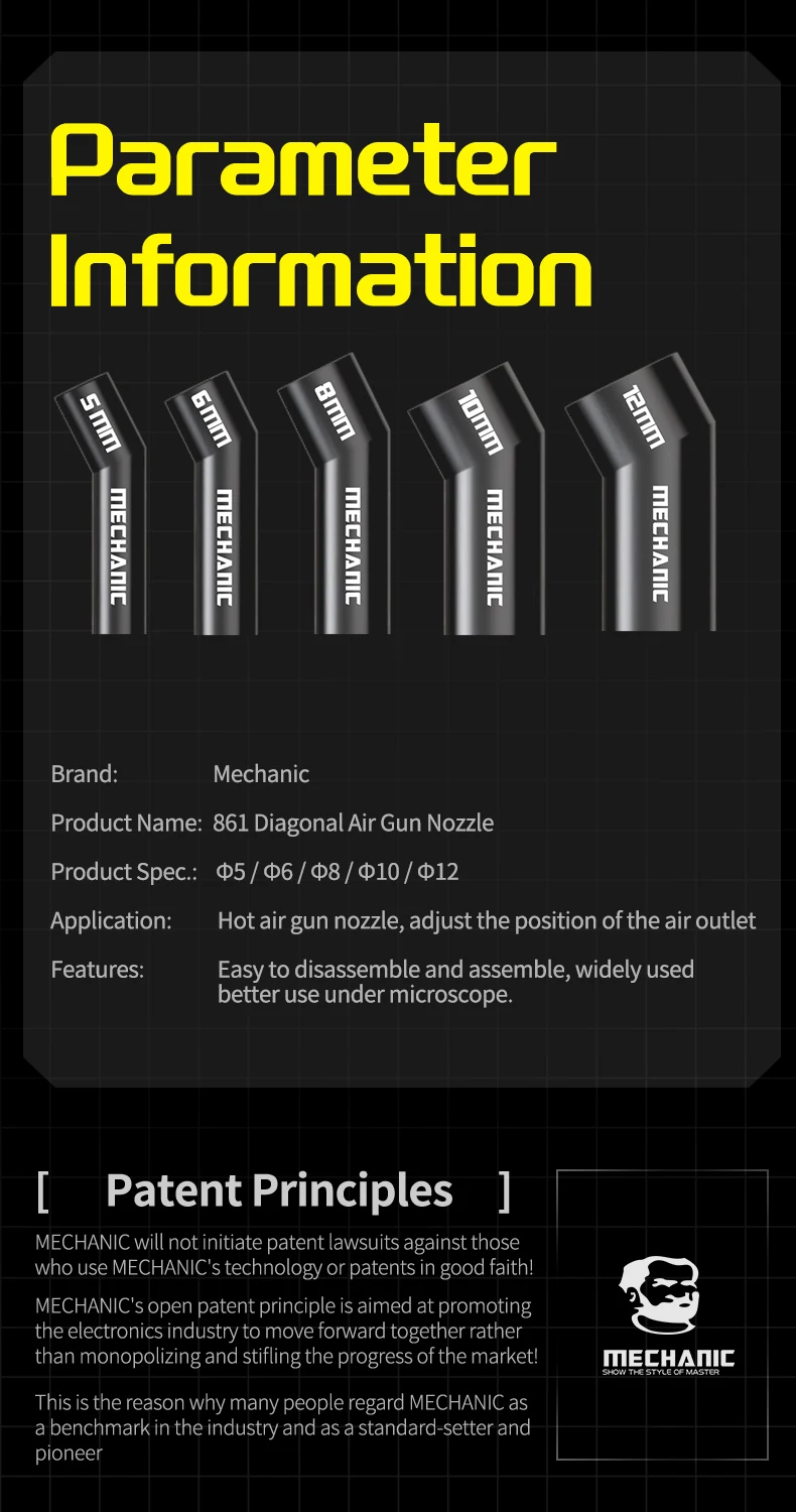 【MECHANIC】 Angled Air Gun Nozzle 5 6 8 10 12MM for 861 Soldering Station Wind Nozzle High Temperature Resistance Welding Nozzle