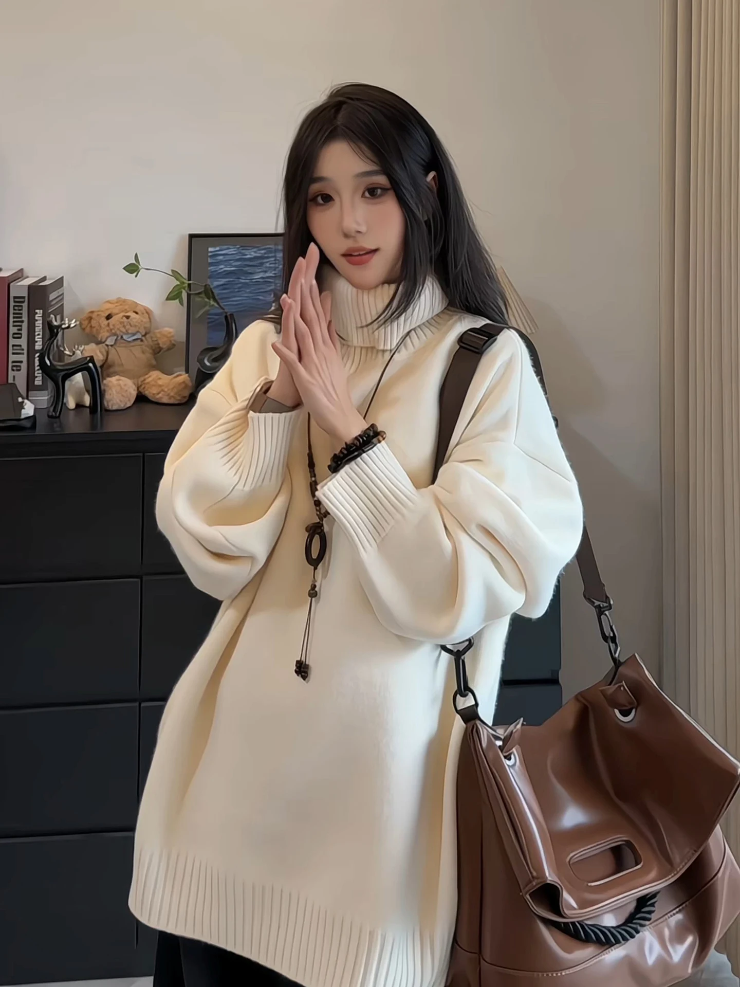 

Мужской вязаный свитер с высоким воротником Thiened Fce, свободный крой, осенне-зимний, белый, теплый, повседневный, в американском стиле