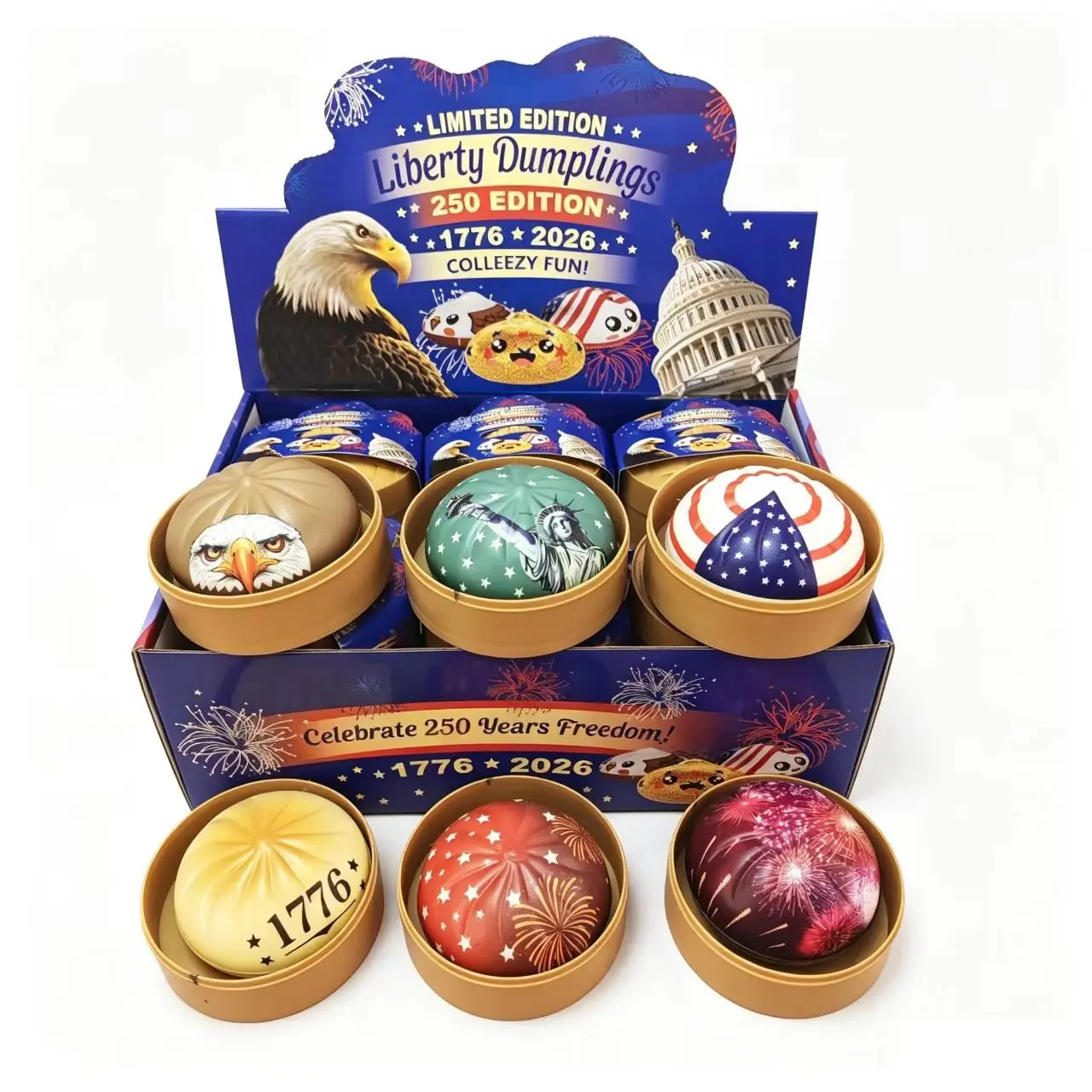 New Simulated Dumpling Squishy American Anniversary Edition Stress Balls with Steamer Reusable Rebound Squeeze Reliever Toys