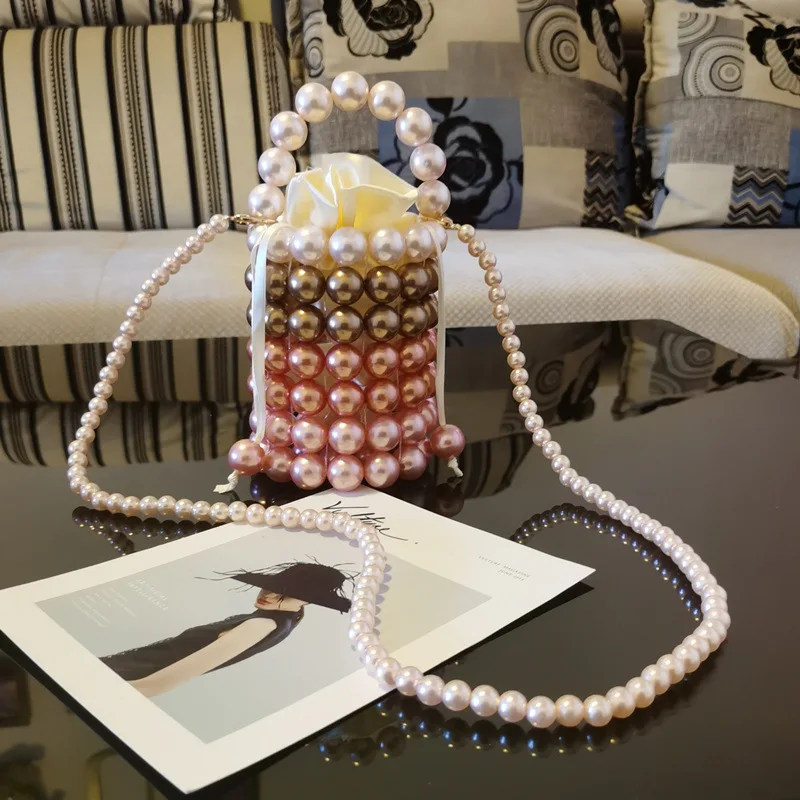 Colored Candy Acrylic Beads Round Bag Hand-woven Beaded Pearl Bag Bucket Bag Handbag a5999