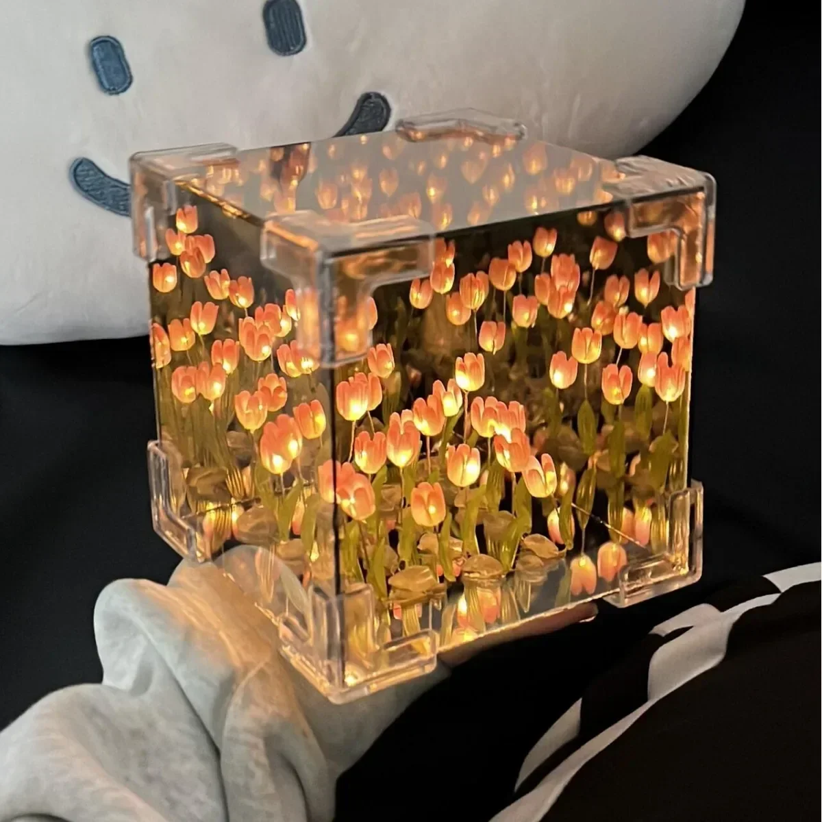 DIY Tulip Mirror Cube Lamp Simulation Flower Bedroom Sleeping Table Lamp Handmade Craft Tulips Mirror Night Light Birthday Gifts