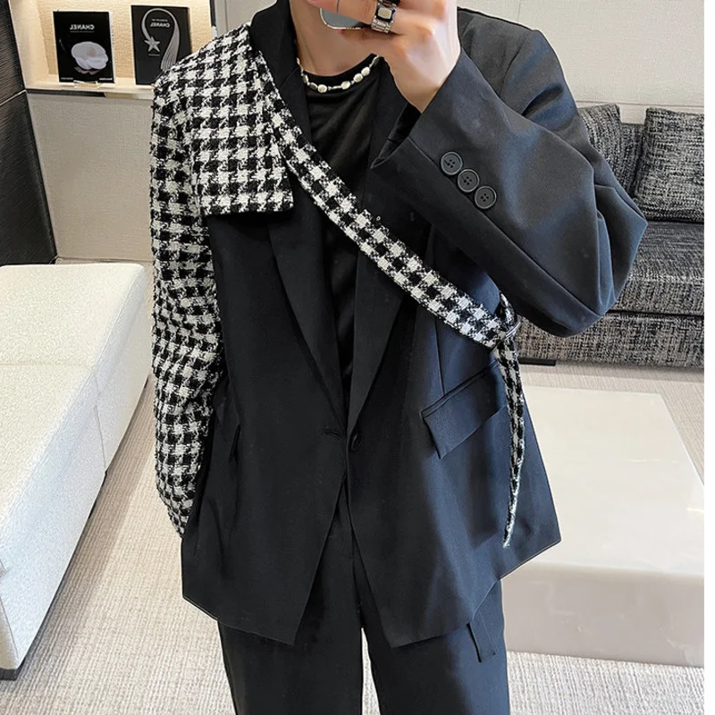 Niche Menswear Design Plaid Spliced Blazers Male New Notched Single Button Suit Jacket Male Tide Spring Winter Cloth 2022