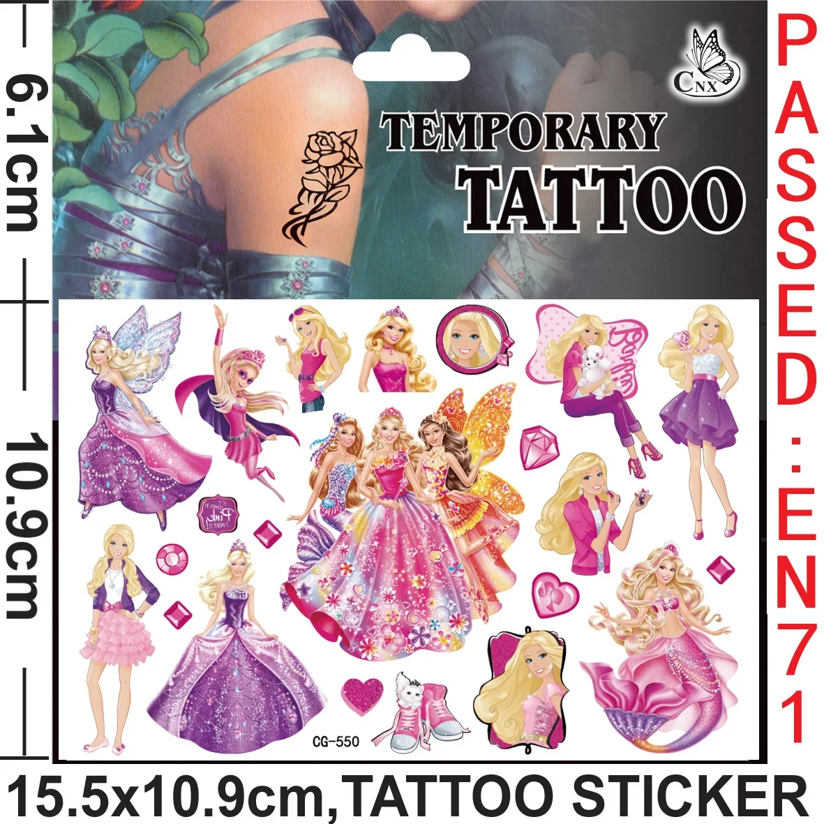 Pegatinas de tatuaje de Barbie para niñas, calcomanías impermeables de dibujos animados rosas, decoración de fiesta de Cosplay, regalos de Navidad