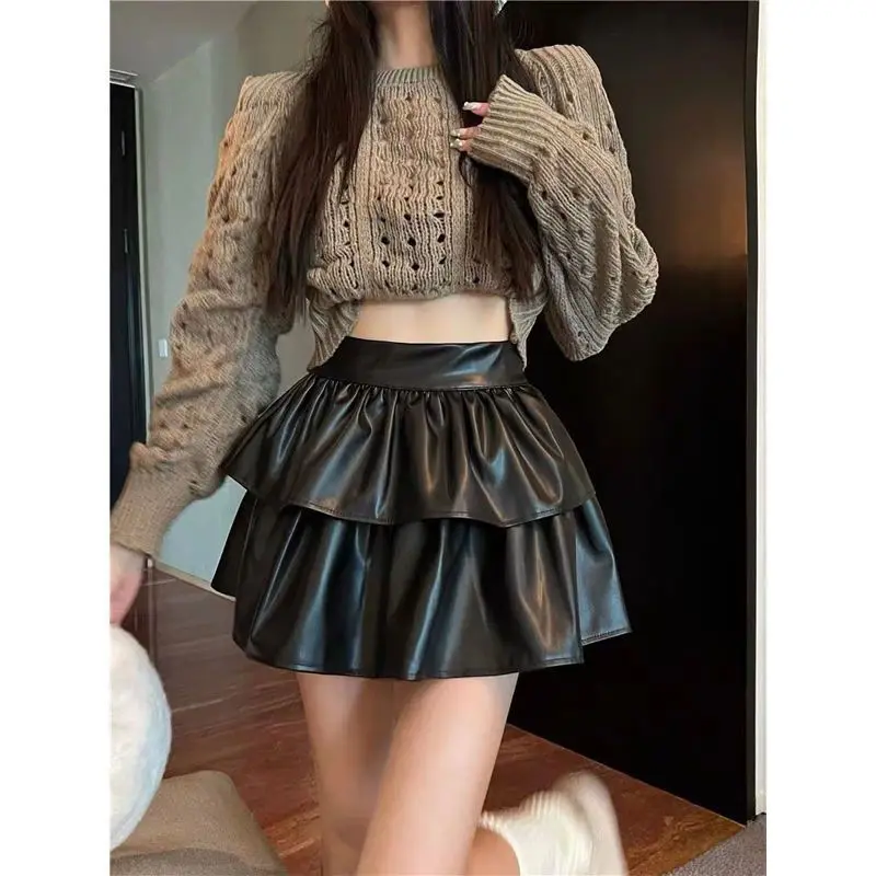

Solid color leather skirt A-line half body pure desire new high waist, sexy cake canopy skirt trendy and versatile
