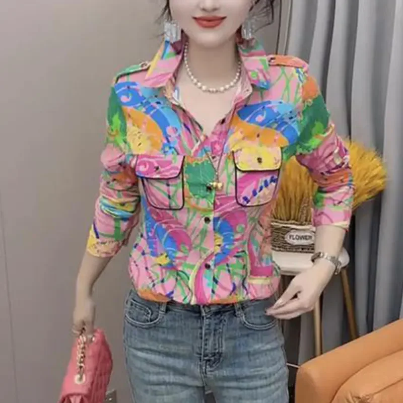 

Elegant Fashion Harajuku Slim Fit Female Clothes Loose Sweat Casual All Match Tops Women Printed Lapel Collar Long Sleeve Shirt