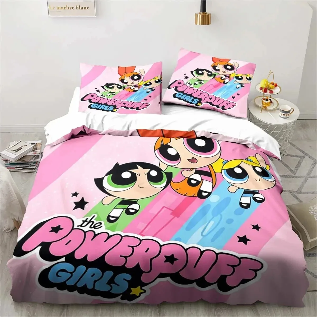 Anime Powerpuff Cute Grils Cartoon Bedding Set Duvet Cover Bed Set Quilt Cover Pillowcase Comforter king Queen Size Boys Adult