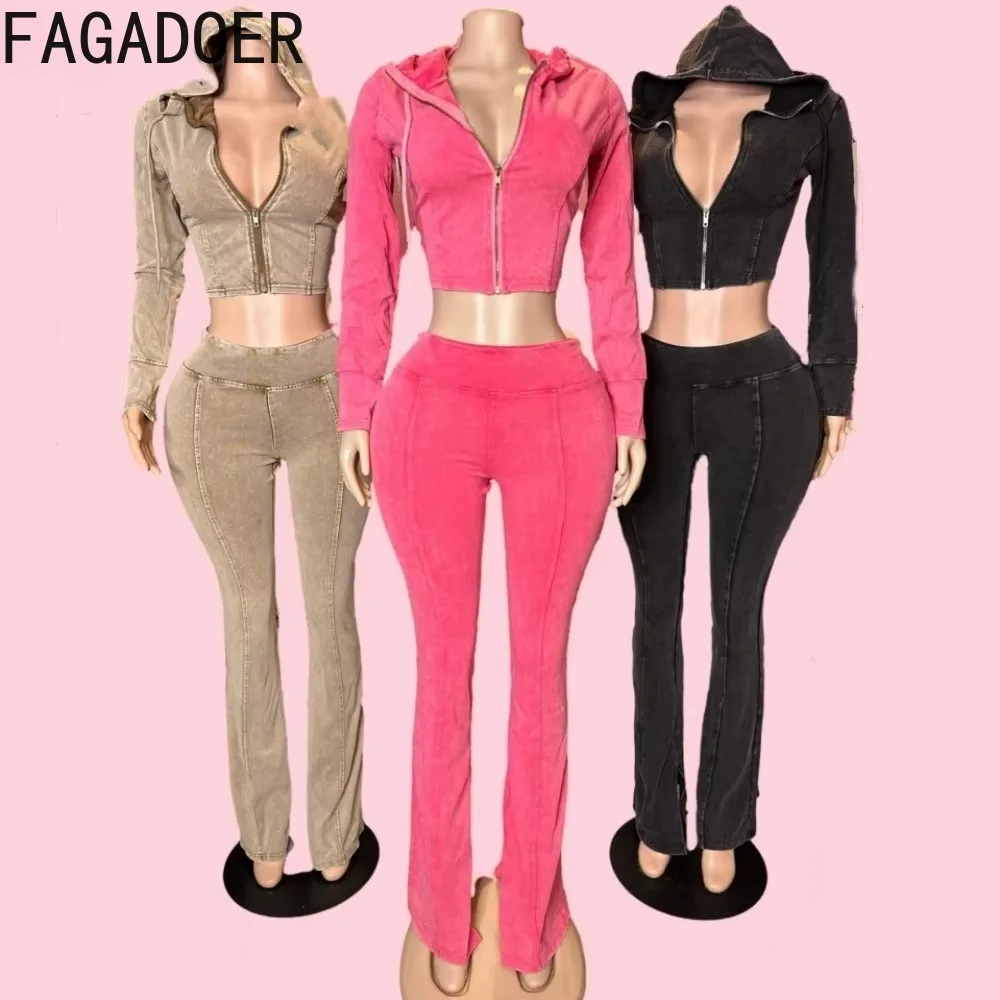 

FAGADOER Spring New Solid Hooded 2 Piece Sets Women Zip Long Sleeve Slim Crop Top And Skinny Pants Outfits Casual 2pcs Clothing