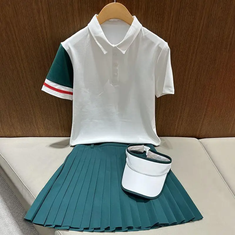 Summer New Ladies Golf Lapel Polo Shirt Color Contrast Splicing Design Elegant Women Sports Casual Blouse Top