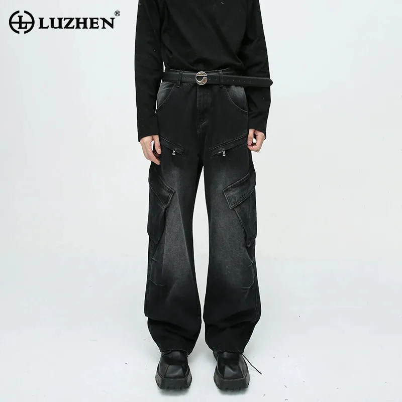 

LUZHEN Pockets Stylish Retro Spring Design Splicing Washed 2025 Straight Jeans American Stylish Street Men's Denim Pants JY2468
