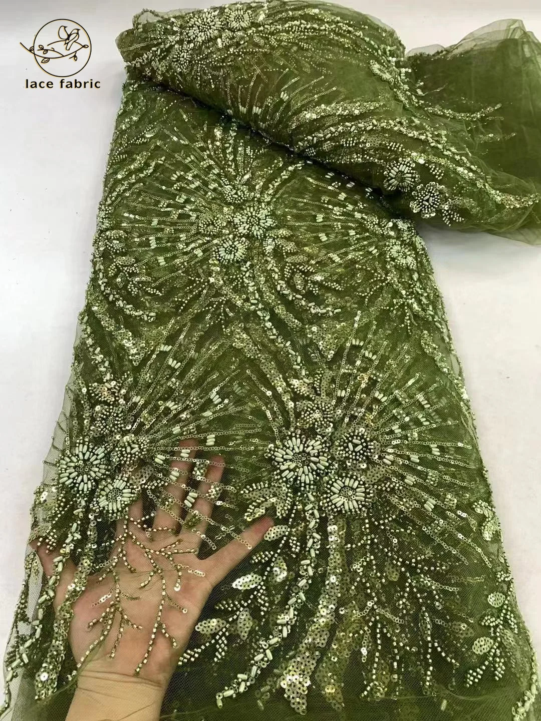 Green African French Beaded Groom Lace Fabric 2024 High Quality Embroidery Luxury Bridal Sequin Lace Fabric For Nigeria Dresses