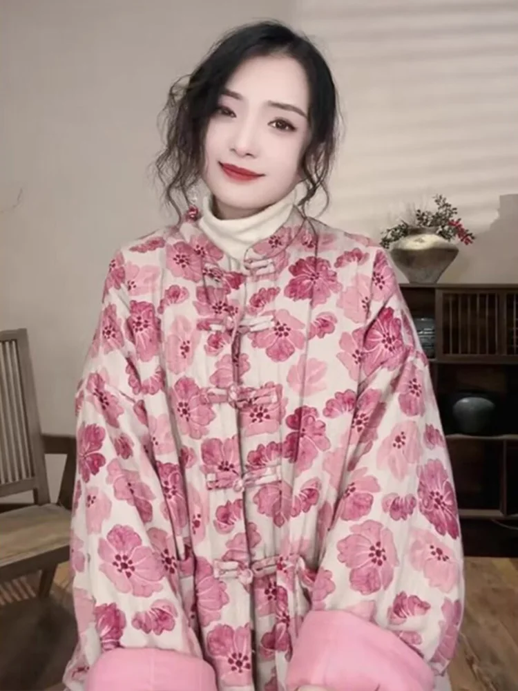 

Thiened Cotton Jaet with Button for Women Winter Vintage Floral Print Stuffed Coat Stand Collar Long Sve Loose Fit
