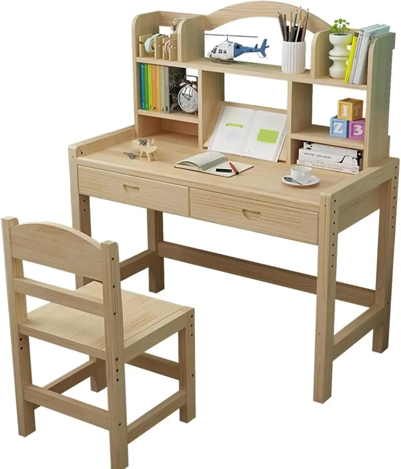 Student Wooden Desk and Chair Set with Bookshelf and Drawers Solid Pine Study Table Adjustable Height Ideal for Reading Writing,