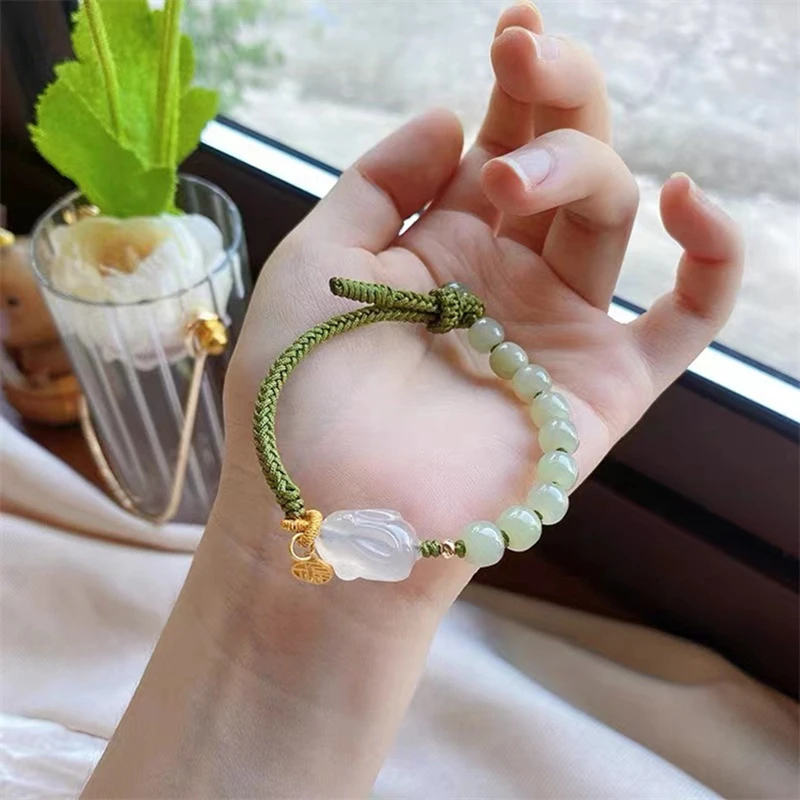 Ruifan Chalcedony Rabbit Natural Hetian Jade Strawberry Quartz Agate Green Pink Rope Braided Women Bracelets Fine Jewelry YBR800