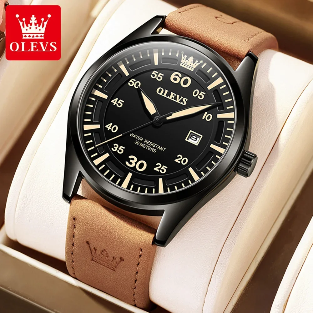 OLEVS 9962 Genuine Leather Strap Waterproof Men Wristwatches, Quartz Multi-function Children Fashion Watches For Men Calendar