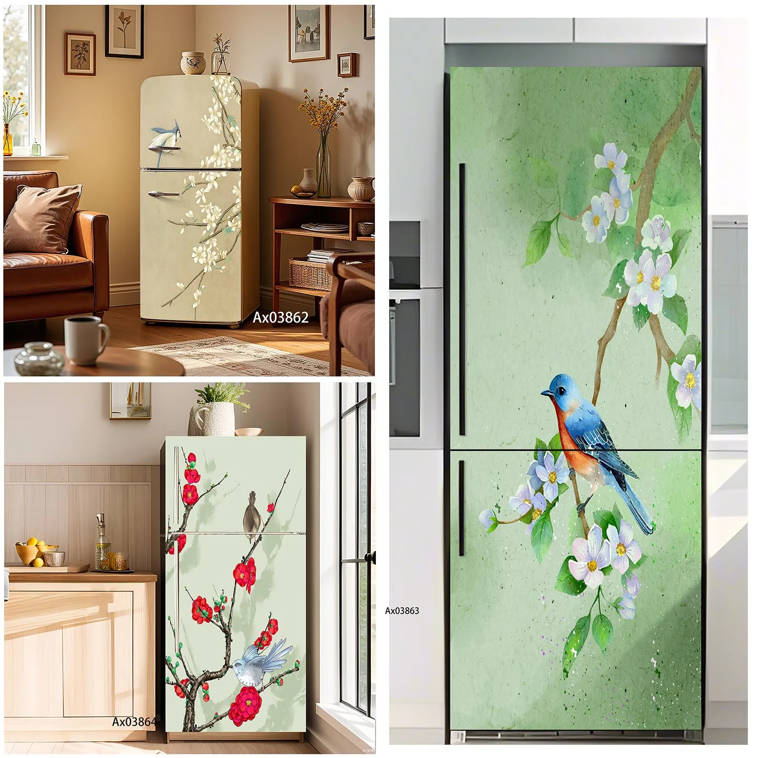 Oriental Style Flower Bird Fridge Decal Self Adhesive Waterproof Anti Scratch Kitchen Full Door Wrap Wallpaper Decoration