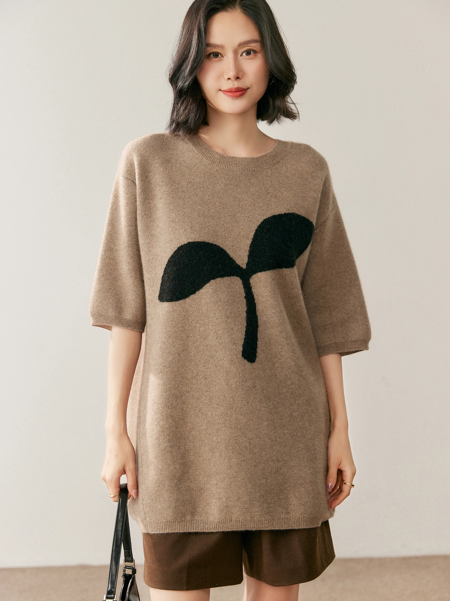 

100% Pure Cashmere Pullover Sweater Women's clothes O-neck Loose Jacquard Half Sleeve Autumn Winter Knitted Tops Soft Comfort