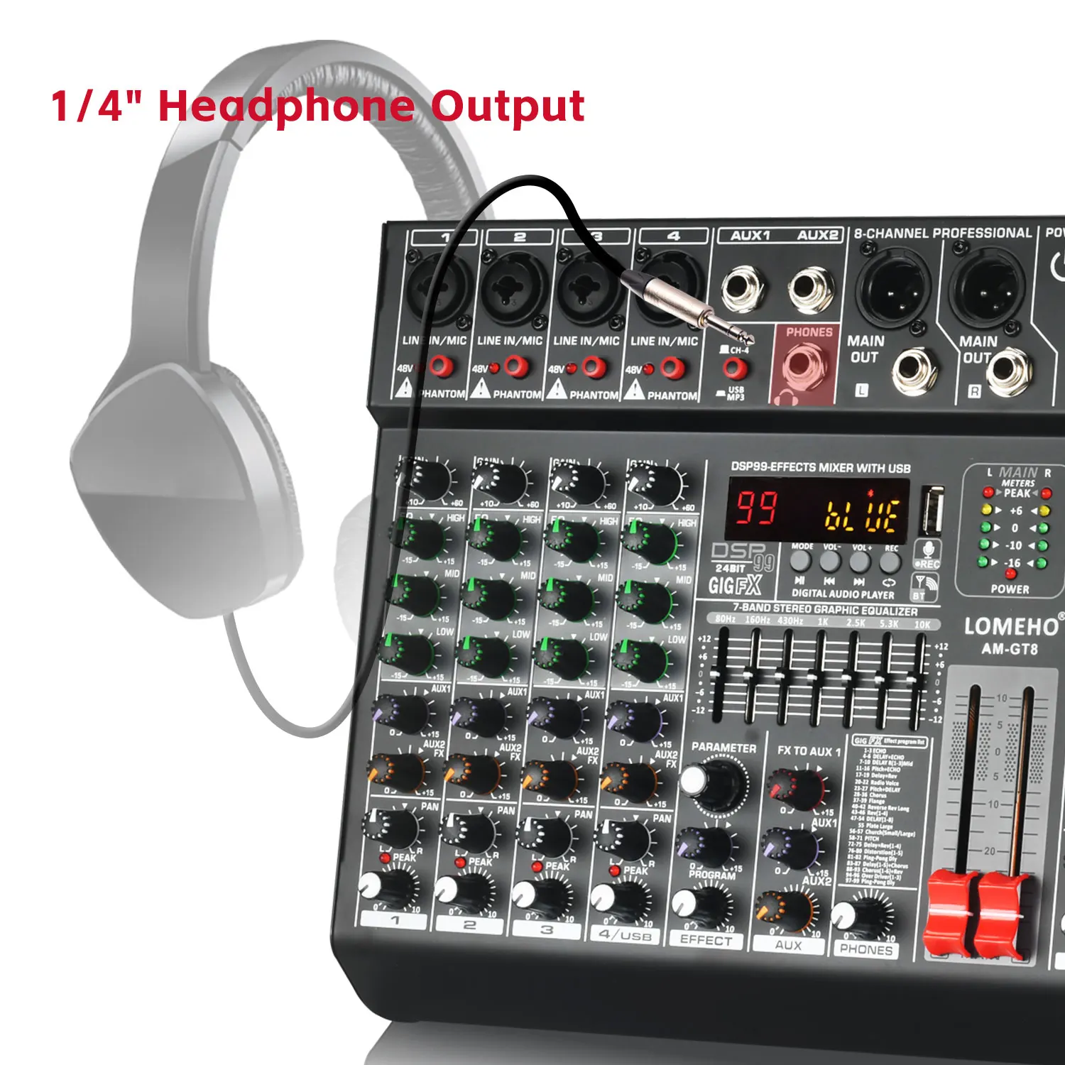 Imagem -06 - Channel Mixing Console Band eq Saída Aux 48v Audio Sound Mixer Usb Bluetooth Play Mix Table Am-gt8 99 Effect Lomeho8