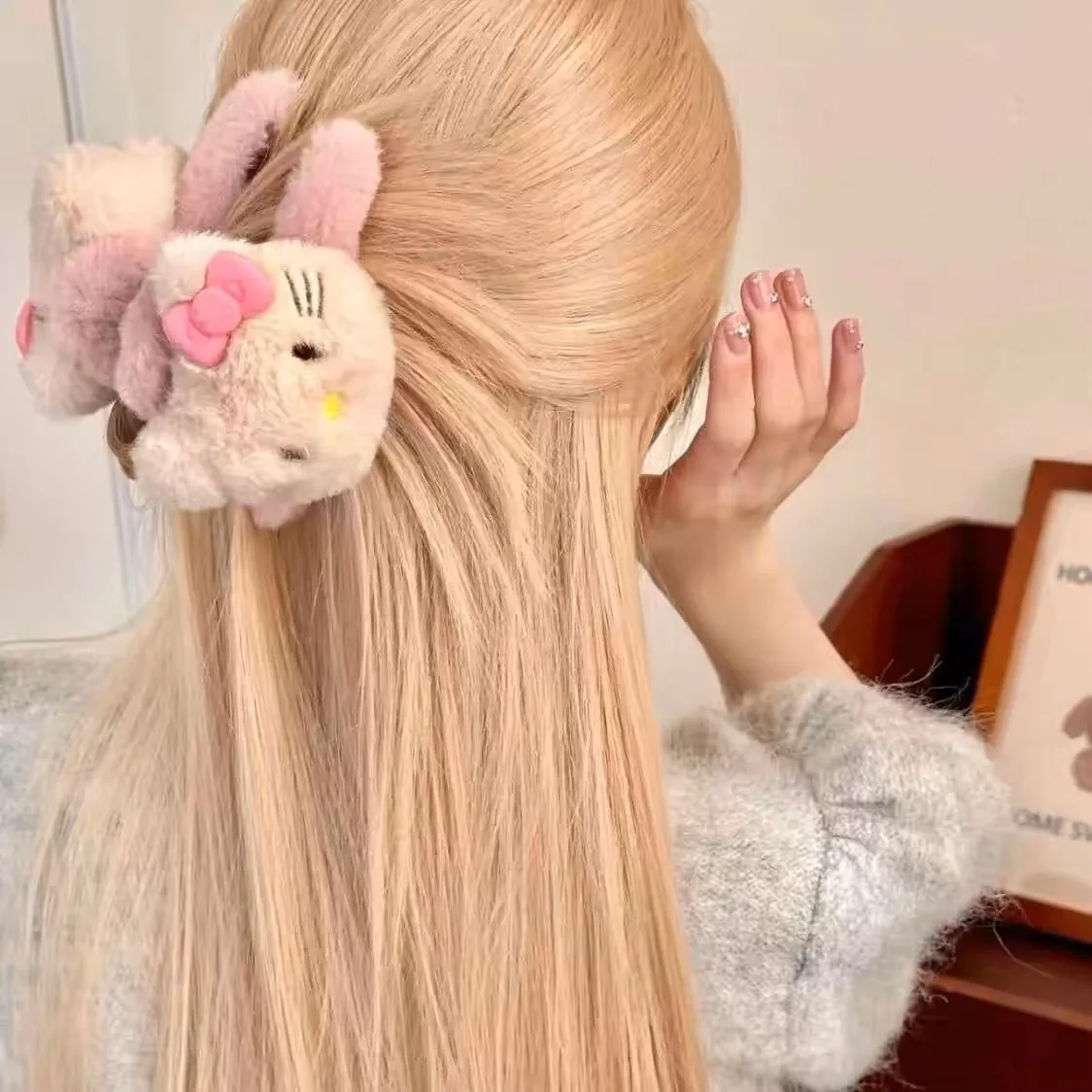 Clip de agarre de felpa de gato kt de doble cara, horquilla de tiburón para el pelo de disco grande, accesorios para el cabello de dibujos animados dulces para mujer