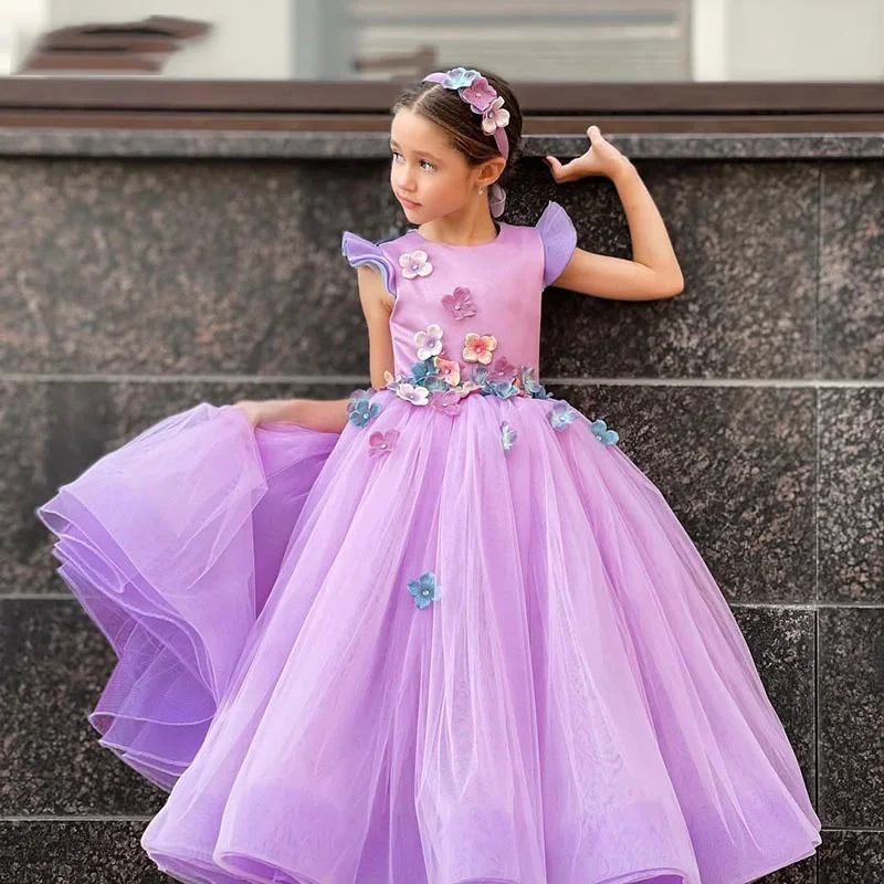 

Purple Lace Appliques Flower Girl Dress A-Line Short Sleeves Flowers Ankle Length Dresses First Communion Birthday Party Gowns