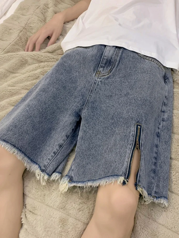 

Summer Thin Casual Men's Denim Shorts mid Waist Five-Quarter Length Straight Leg Loose Fit Wear Resistant Zipper Closure Jeans
