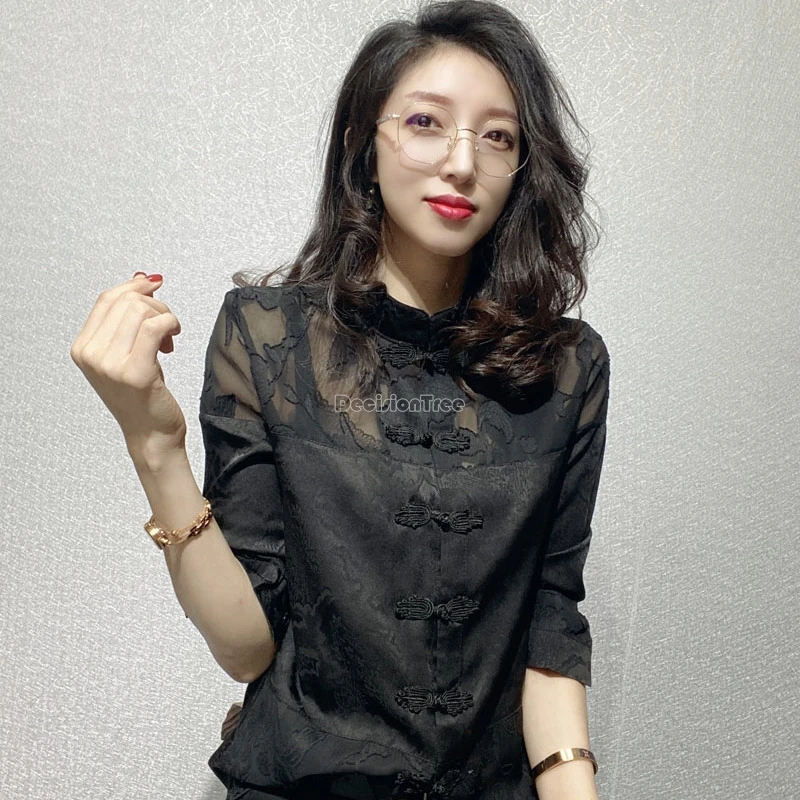 2026 new chinese retro elegant style women's stand collar half sleeve patchwork design yarn tang suit blouse loose cheongsam top