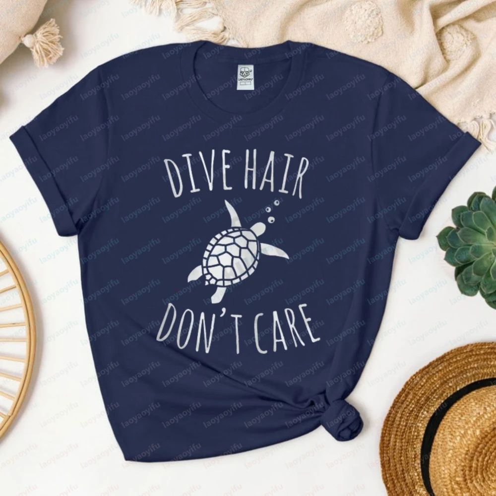 Sea Turtle Dive Hair Don't Care Print Tee Beach Vacation Outfit Trendy Funny Tshirt Sandbeach Holiday Travel Retro Women Tops