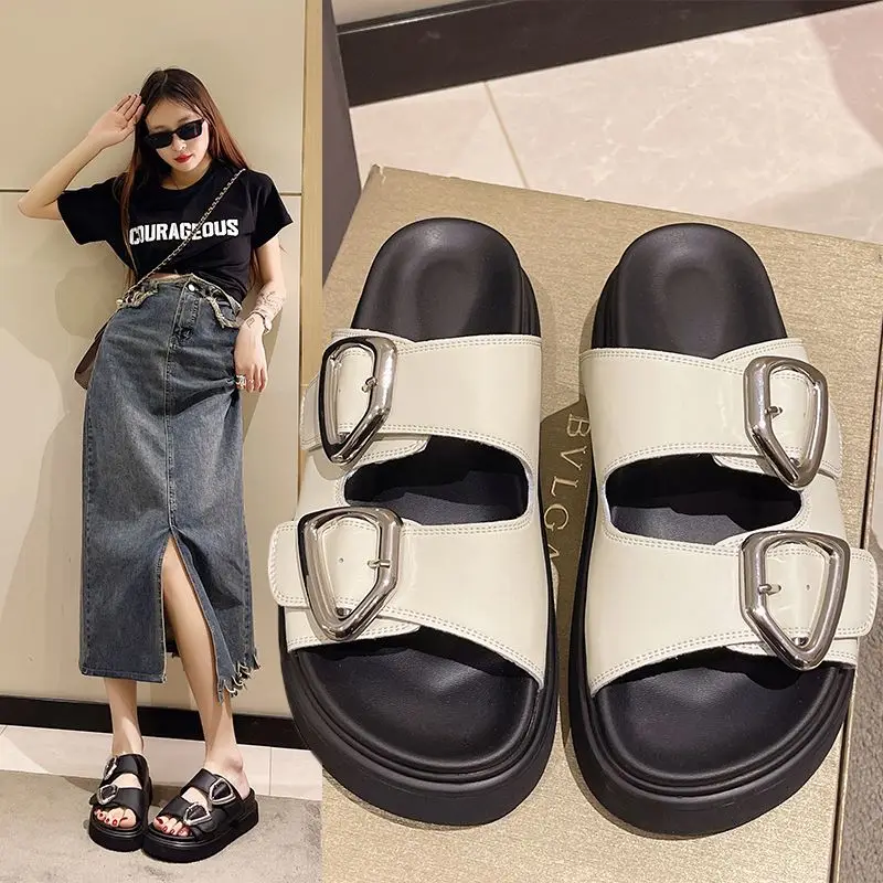 Slides Rubber Black Women\'s Slippers and Ladies Sandals Round Toe Height Summer 2024 with Heel Shoes Unique Luxury Normal Casual