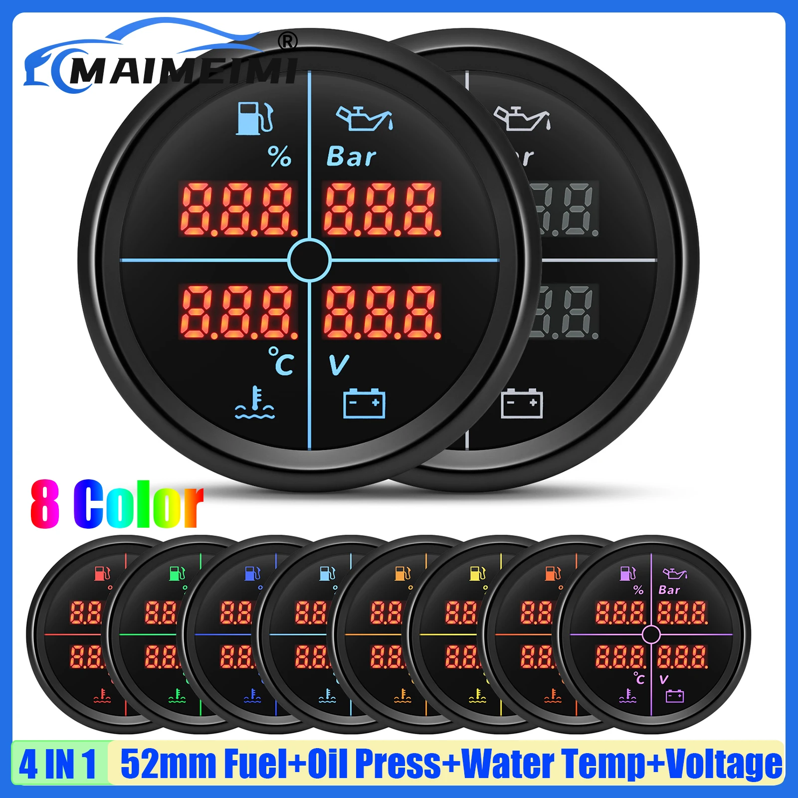 MAIMEIMI 8 Color Multifunctional 52mm Gauge Digital 4IN1 Fuel Level+Oil Pressure+Water Temp+Voltage for Universal Car Boat 9-32V