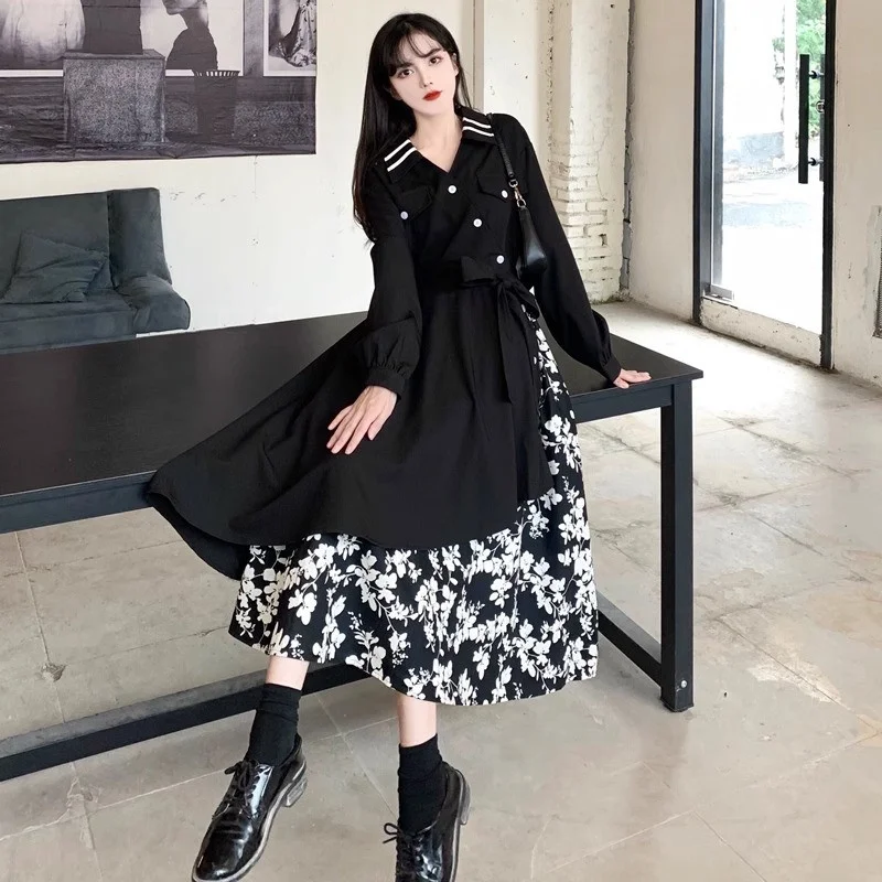 Mode couture robe florale femmes printemps automne robes hauts 2025 nouveau noir Chic Design chemise longues robes femme