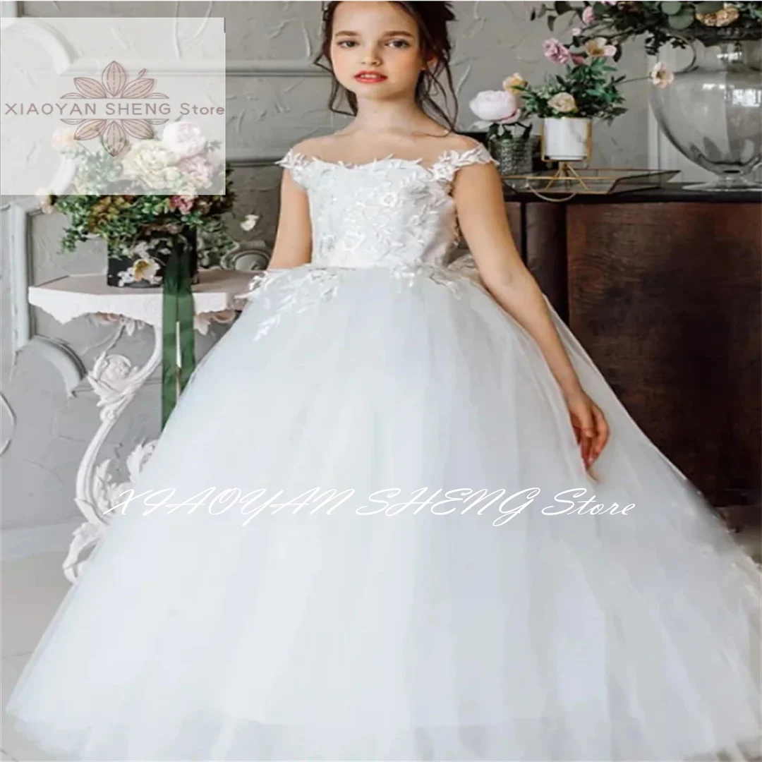 White Lace Tulle Flower Girl Dress For Wedding Sleeveless With Bow O-neck Puffy Birthday Party Ball First Communion Gown