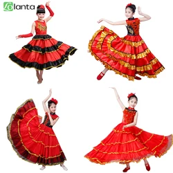 LOlanta Kids Girls Red Belly Dance Dress Spanish Flamenco Costume Toddler Carnival Stage Performance Clothes 3-12 Years