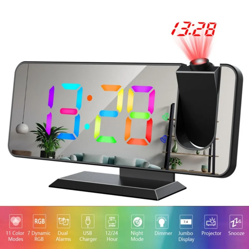 Dynamic RGB Projection Alarm Clock Digital Auto-dimming 180° Rotation Projector Table Clock 12H/24H Bedroom Electronic LED Clock