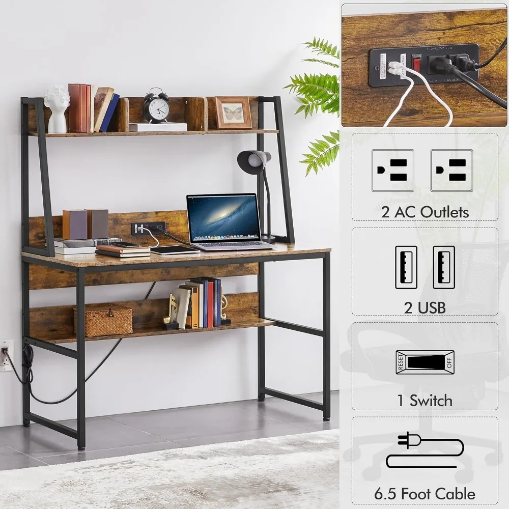 مكتب كمبيوتر معاصر مقاس 47 بوصة مع منافذ طاقة مدمجة ومنافذ شحن USB مزدوجة، مثالي للمكتب المنزلي والدراسة و