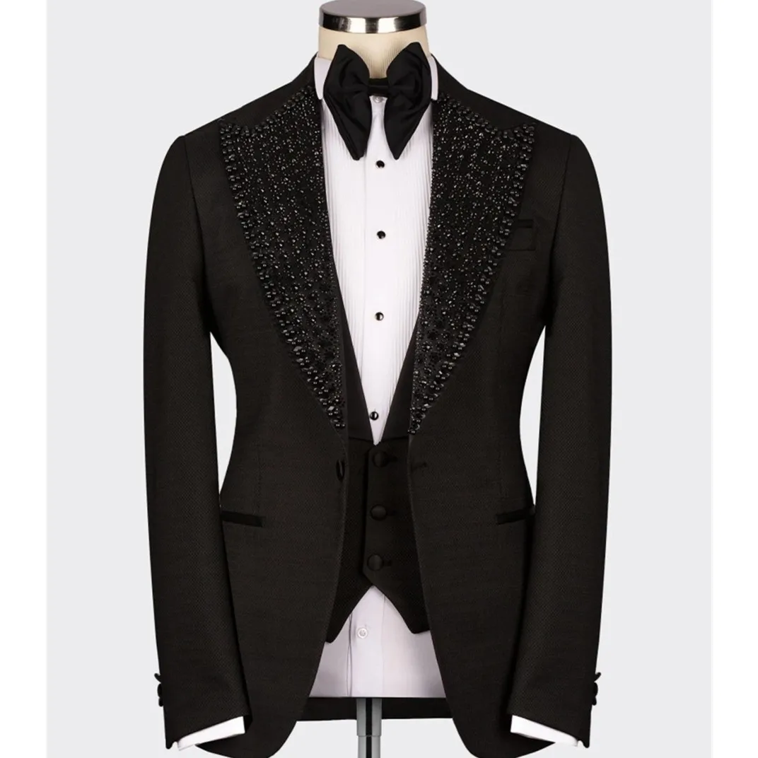 Black LuxuryMen's Suits Tailored 2 Pieces Blazer Pants One Button Peakes Lapel Wedding Formal Pearls Beads Custom Made Plus Size