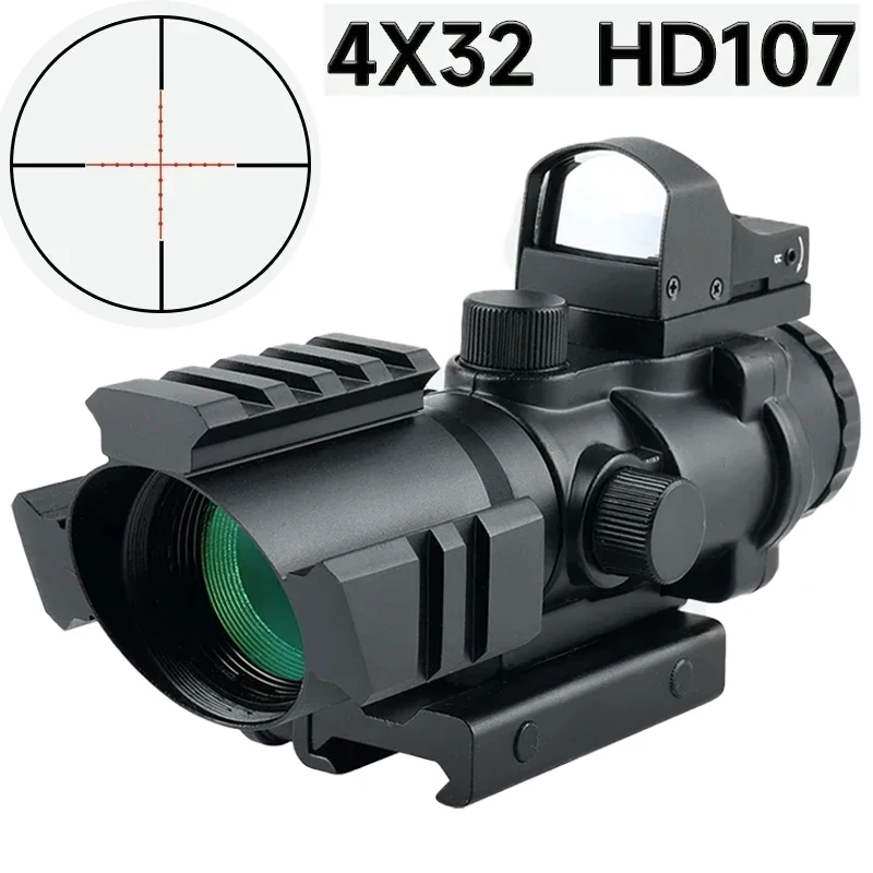 4x32 Three Sided Prism Scope with HD107 Red Dot Sight Tactical Reflex Airsoft Riflescope Shooting Hunting Fit 20mm Weaver Rail