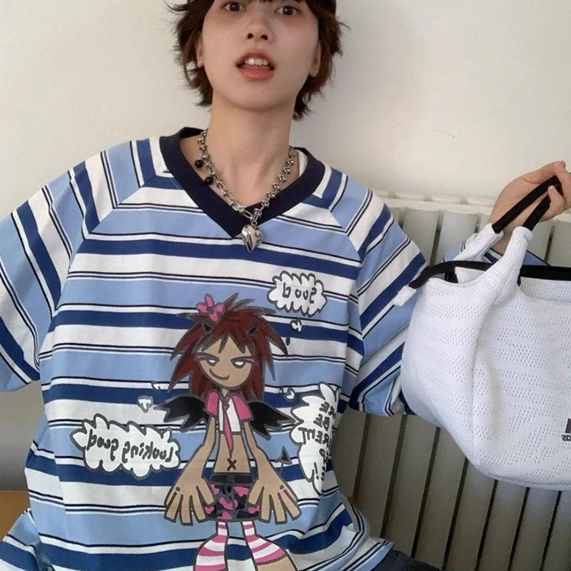أزياء مخططة طباعة تي شيرت المرأة اليابانية الخامس الرقبة طويلة الأكمام المرأة تي شيرت Y2K الشارع الشهير ملابس نسائية فضفاضة غير رسمية #6