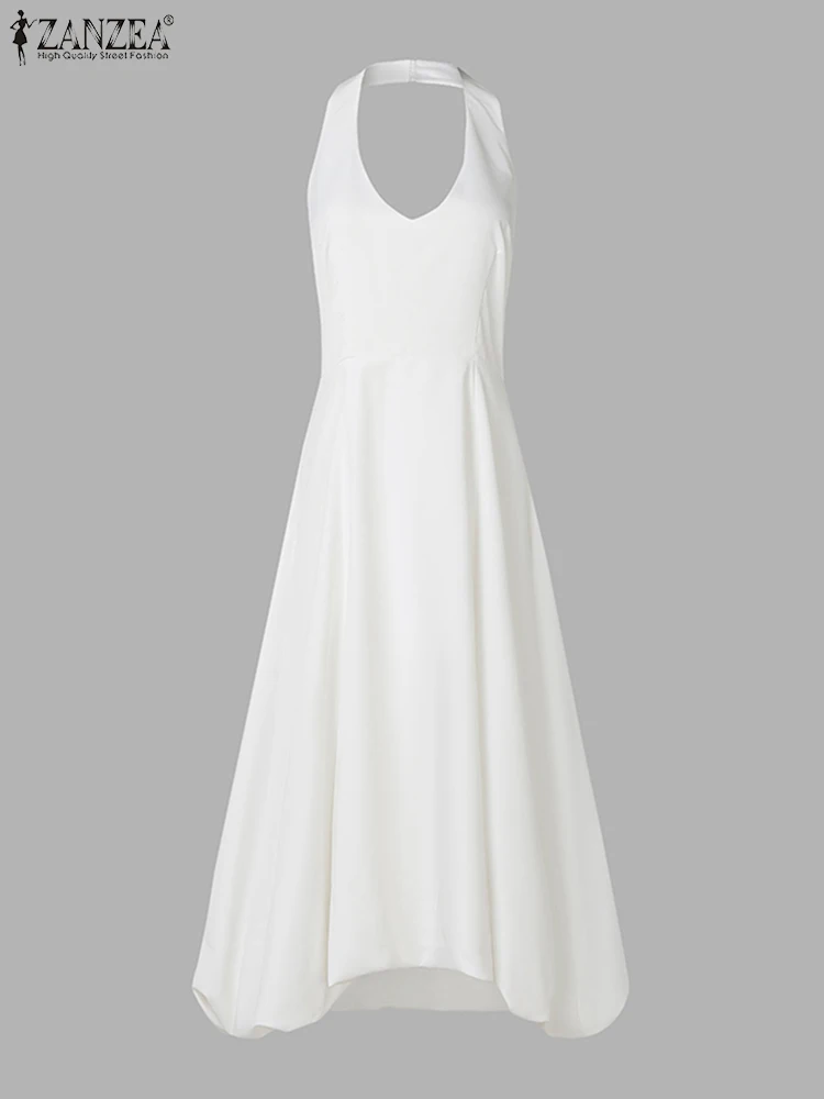 

2025 ZANZEA Solid Color Dress Women Sleeveless Party Casual Loose Sundress Fashion Flower Bud Elegant Halter Vestidos 3 Colors