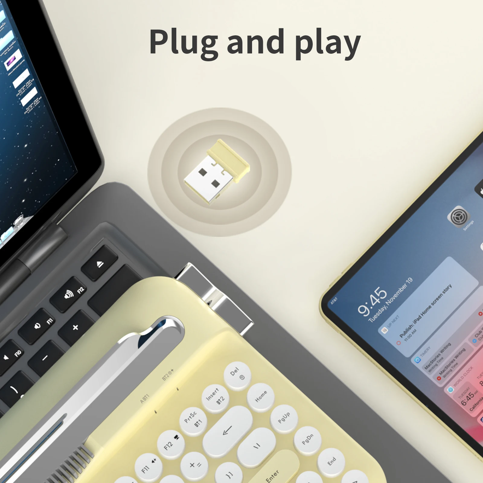 AF84 Wireless Bluetooth Keyboard 84 Keycaps Round Retro Keys Typewriter Office Keyboards W/ Bracket for IPad Membrane Use