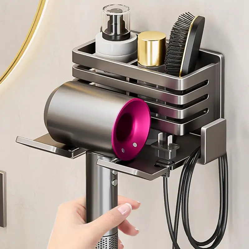 

Hair Dryer Holder No Drilling Hair Dryer Stand Bathroom Wall mounted Hair Straightener Stand with storage box hair dryer rack